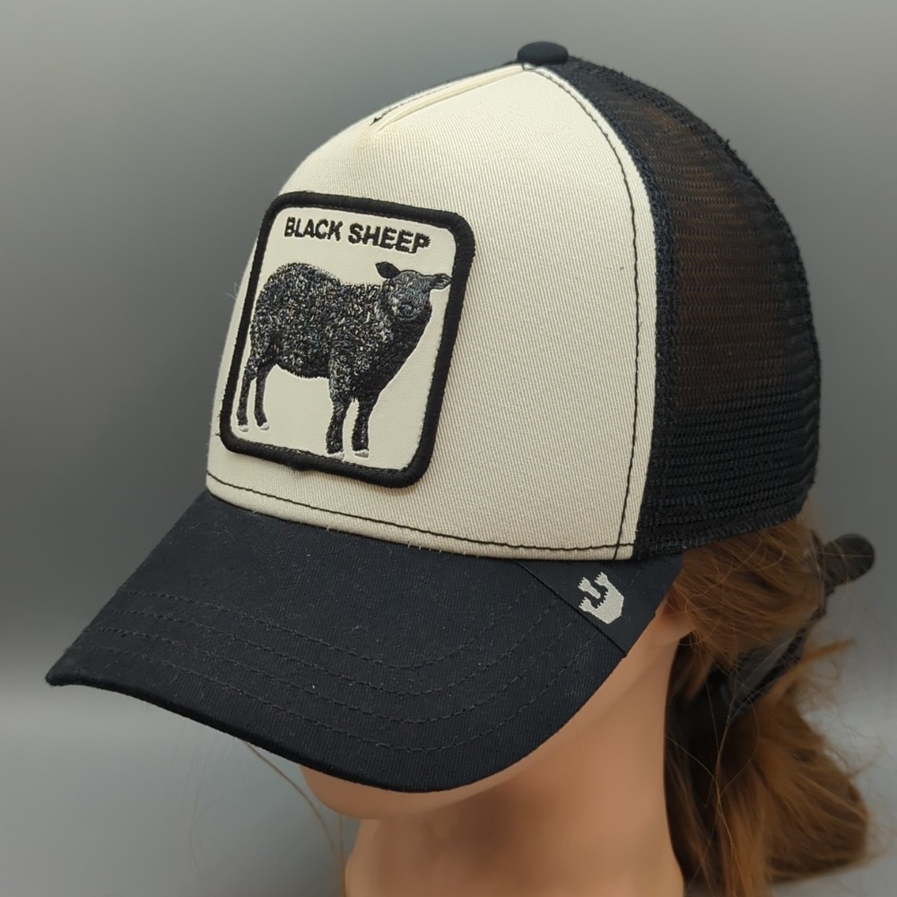 Goorin Bros Black Sheep The Farm White Black Mesh Back Trucker Snapback Hat Cap